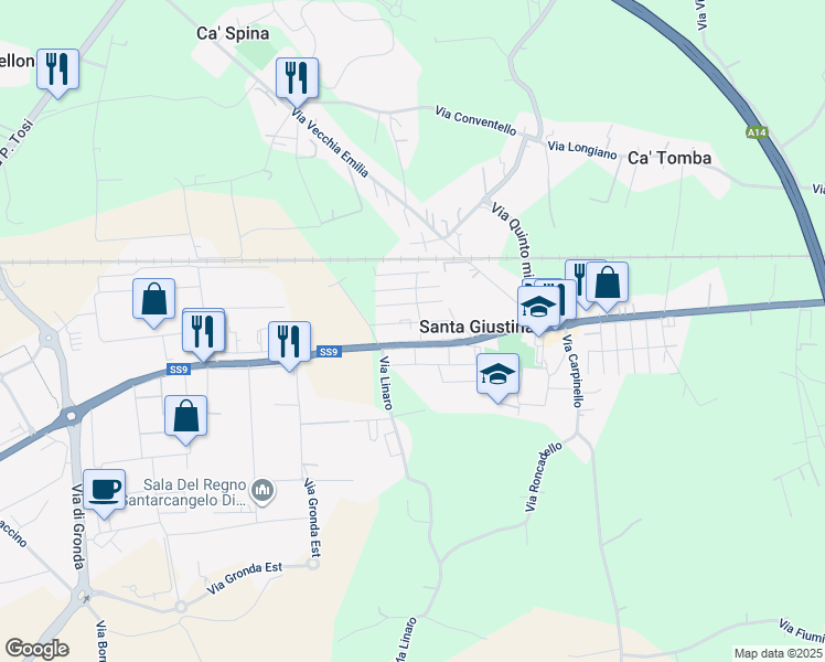map of restaurants, bars, coffee shops, grocery stores, and more near 3 Via Panzacchi in Santa Giustina