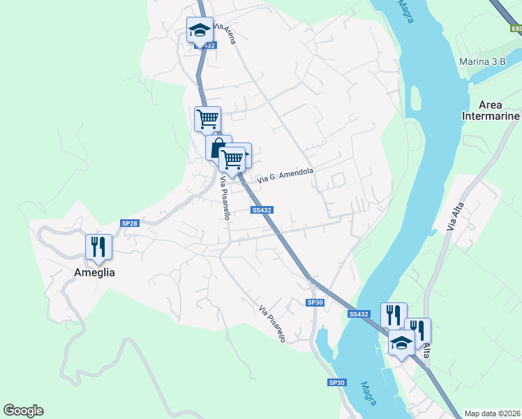 map of restaurants, bars, coffee shops, grocery stores, and more near 57 Via Camisano in Ameglia