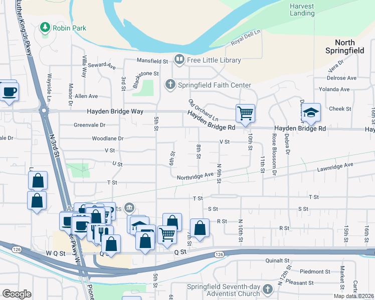 map of restaurants, bars, coffee shops, grocery stores, and more near 2338 8th Street in Springfield