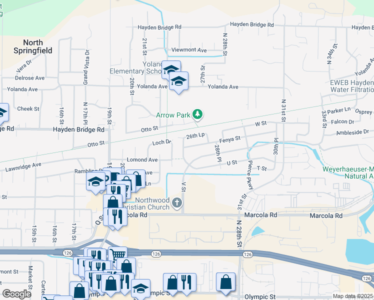 map of restaurants, bars, coffee shops, grocery stores, and more near 2340 Loch Drive in Springfield
