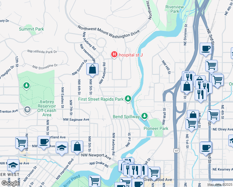 map of restaurants, bars, coffee shops, grocery stores, and more near 168 Northwest Vicksburg Avenue in Bend