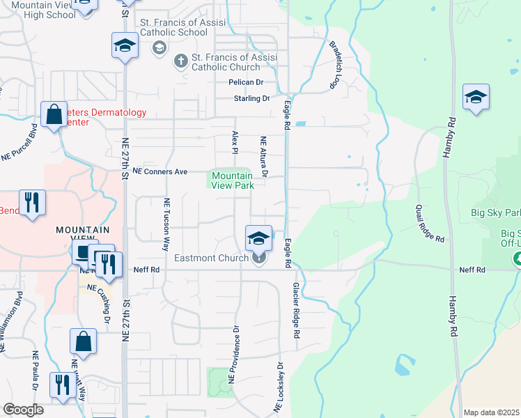 map of restaurants, bars, coffee shops, grocery stores, and more near 1891 Northeast Altura Drive in Bend