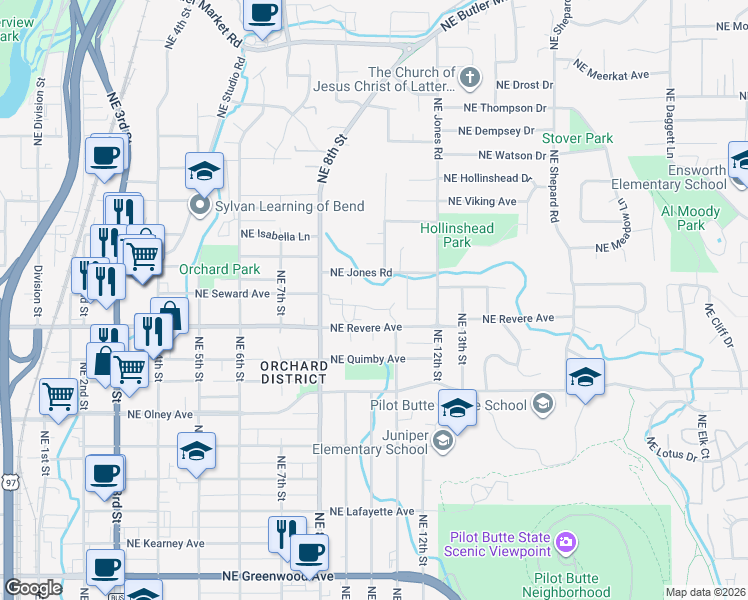 map of restaurants, bars, coffee shops, grocery stores, and more near 990 Northeast Wiest Way in Bend