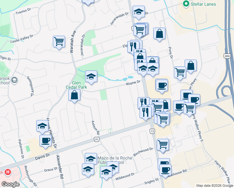 map of restaurants, bars, coffee shops, grocery stores, and more near 104 Belfry Drive in Newmarket