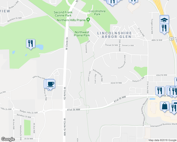 map of restaurants, bars, coffee shops, grocery stores, and more near 4327 Arbor Lane Northwest in Rochester