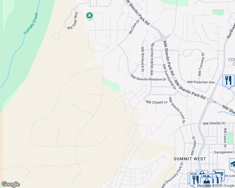 map of restaurants, bars, coffee shops, grocery stores, and more near 3150 Northwest Anderson Ranch Road in Bend