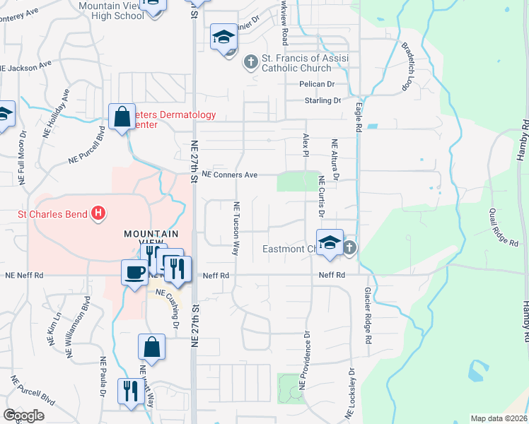 map of restaurants, bars, coffee shops, grocery stores, and more near 1856 Northeast Carson Way in Bend