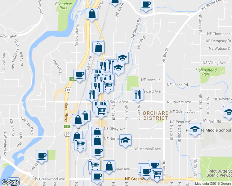 map of restaurants, bars, coffee shops, grocery stores, and more near 405 Northeast Seward Avenue in Bend
