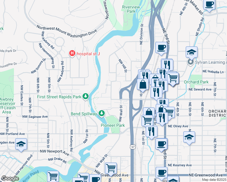 map of restaurants, bars, coffee shops, grocery stores, and more near 1897 Northwest Hill Street in Bend