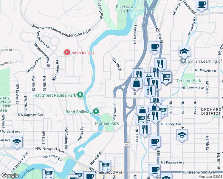 map of restaurants, bars, coffee shops, grocery stores, and more near 1897 Northwest Hill Street in Bend