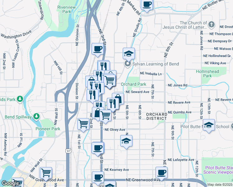 map of restaurants, bars, coffee shops, grocery stores, and more near 405 Northeast Seward Avenue in Bend