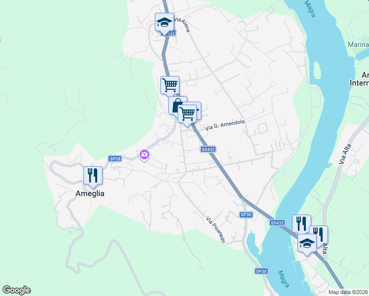 map of restaurants, bars, coffee shops, grocery stores, and more near 43 Via Pisanello in Ameglia