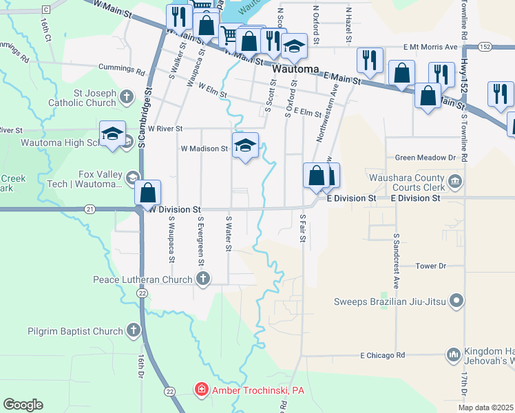 map of restaurants, bars, coffee shops, grocery stores, and more near 220 West Division Street in Wautoma