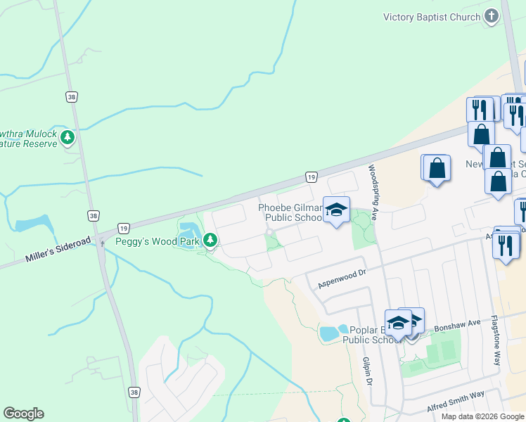 map of restaurants, bars, coffee shops, grocery stores, and more near Lady Gwillim Avenue in East Gwillimbury