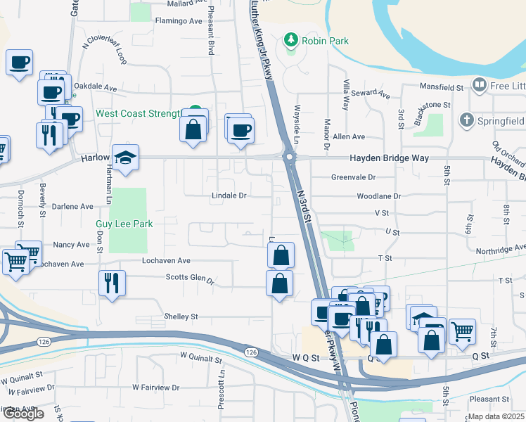 map of restaurants, bars, coffee shops, grocery stores, and more near 363 Lindale Drive in Springfield