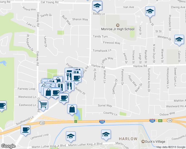 map of restaurants, bars, coffee shops, grocery stores, and more near 590 Cherry Drive in Eugene