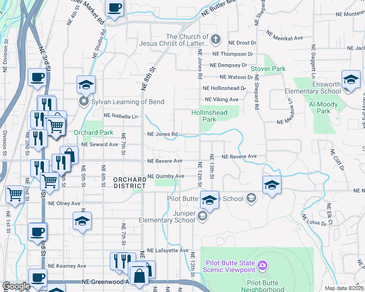 map of restaurants, bars, coffee shops, grocery stores, and more near 1851 Northeast Ellamae Place in Bend
