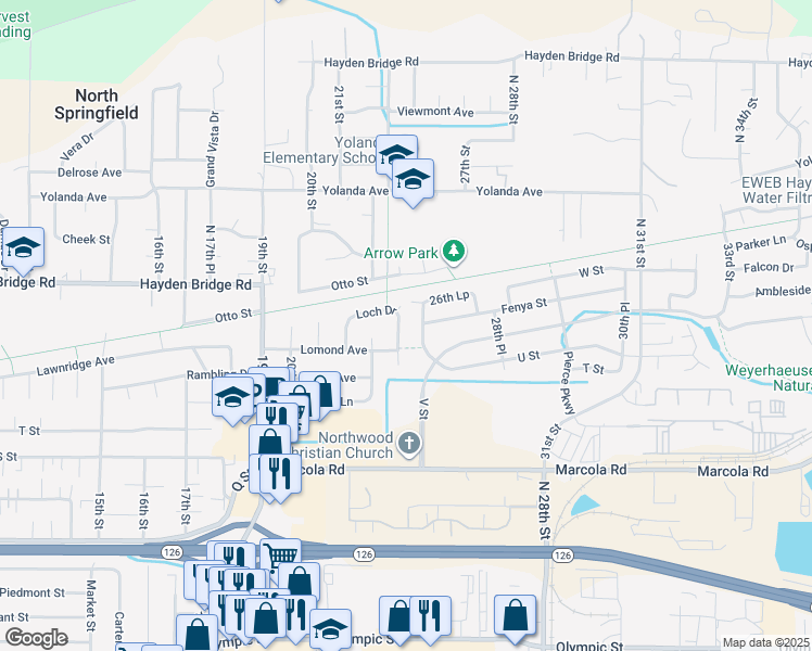 map of restaurants, bars, coffee shops, grocery stores, and more near 2340 Loch Drive in Springfield