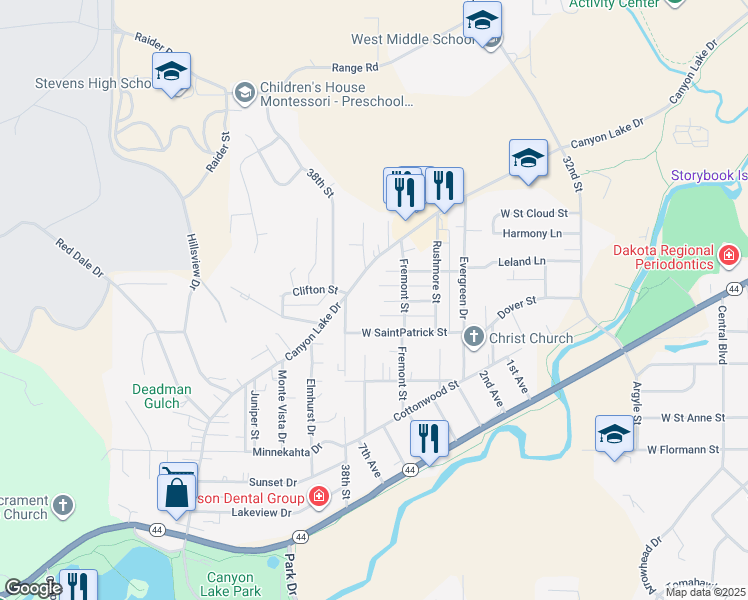 map of restaurants, bars, coffee shops, grocery stores, and more near 3741 Canyon Lake Drive in Rapid City