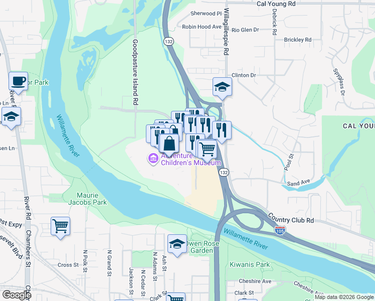 map of restaurants, bars, coffee shops, grocery stores, and more near 1079-B Valley River Way in Eugene