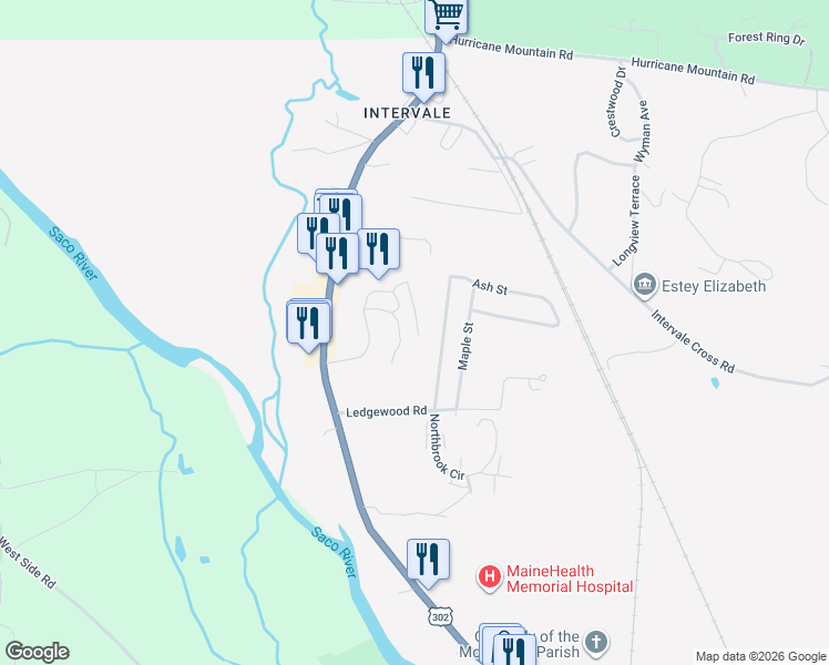 map of restaurants, bars, coffee shops, grocery stores, and more near 76 Ash Street in Conway