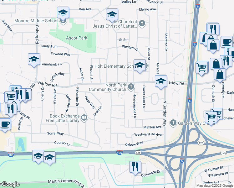map of restaurants, bars, coffee shops, grocery stores, and more near 592 Fenster Street in Eugene