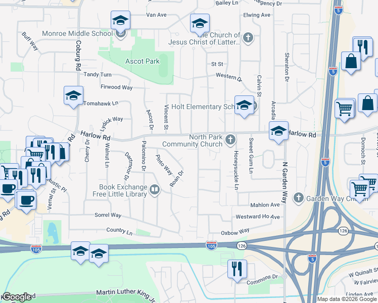 map of restaurants, bars, coffee shops, grocery stores, and more near 554 Sunshine Acres Drive in Eugene