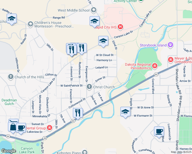 map of restaurants, bars, coffee shops, grocery stores, and more near 3314 Dover Street in Rapid City