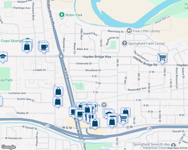 map of restaurants, bars, coffee shops, grocery stores, and more near 144 V Street in Springfield