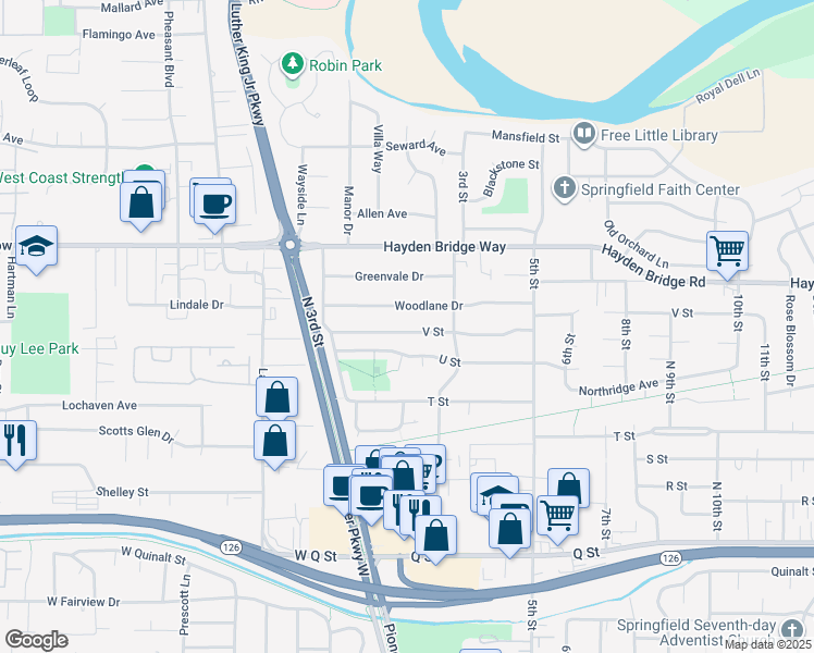 map of restaurants, bars, coffee shops, grocery stores, and more near 144 V Street in Springfield