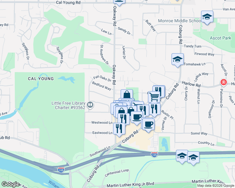 map of restaurants, bars, coffee shops, grocery stores, and more near in Eugene