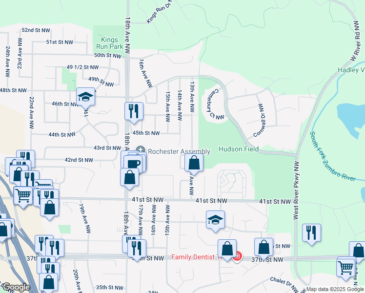 map of restaurants, bars, coffee shops, grocery stores, and more near 4408 14th Avenue Northwest in Rochester