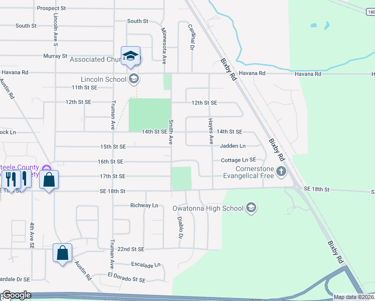 map of restaurants, bars, coffee shops, grocery stores, and more near 1165 Jadden Lane in Owatonna