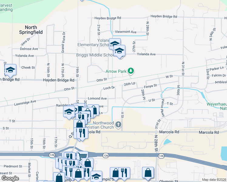 map of restaurants, bars, coffee shops, grocery stores, and more near 2340 Loch Drive in Springfield