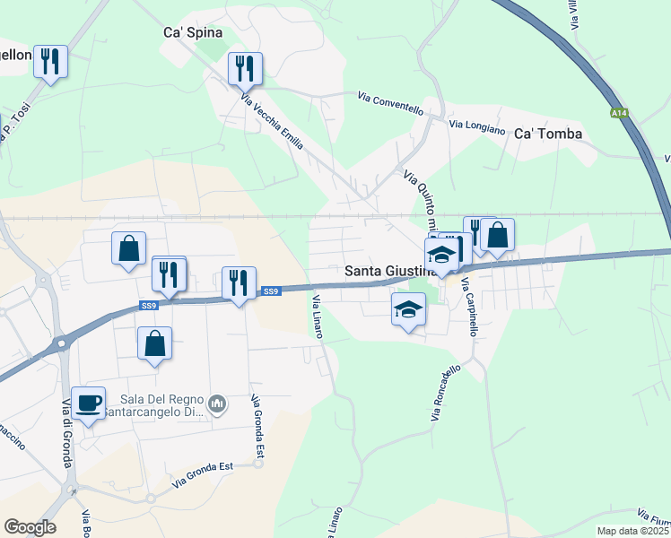 map of restaurants, bars, coffee shops, grocery stores, and more near 3 Via Panzacchi in Santa Giustina