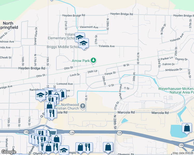 map of restaurants, bars, coffee shops, grocery stores, and more near 2469 Otto Street in Springfield