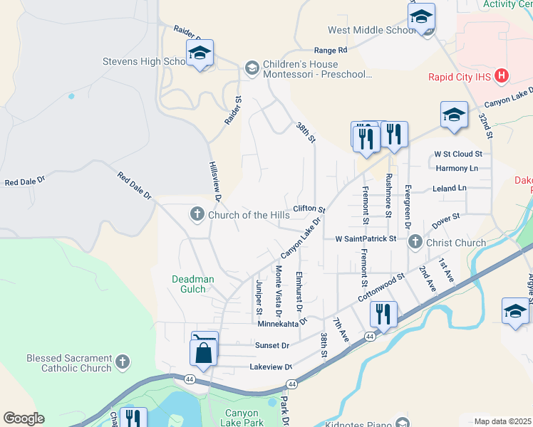 map of restaurants, bars, coffee shops, grocery stores, and more near 3936 Yucca Drive in Rapid City