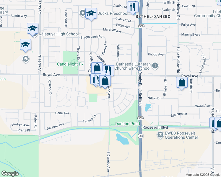map of restaurants, bars, coffee shops, grocery stores, and more near 555 North Danebo Avenue in Eugene