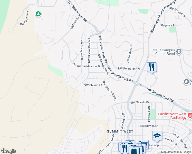 map of restaurants, bars, coffee shops, grocery stores, and more near 2948 Northwest Wild Meadow Drive in Bend