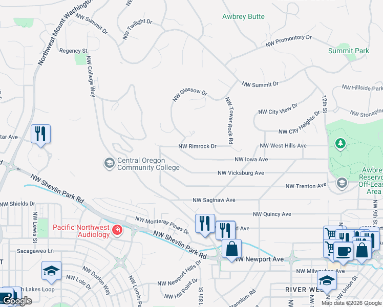 map of restaurants, bars, coffee shops, grocery stores, and more near 1908 Northwest Iowa Avenue in Bend
