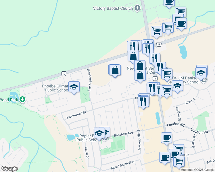 map of restaurants, bars, coffee shops, grocery stores, and more near 119 Four Seasons Crescent in East Gwillimbury