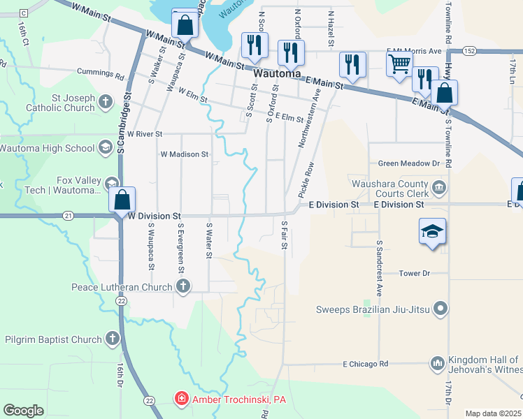 map of restaurants, bars, coffee shops, grocery stores, and more near 474 Oxford Street in Wautoma