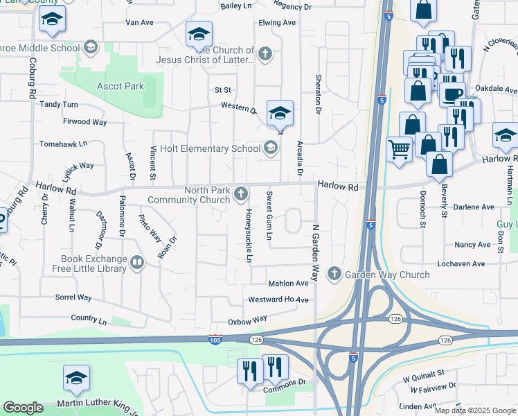 map of restaurants, bars, coffee shops, grocery stores, and more near 561 Honeysuckle Lane in Eugene