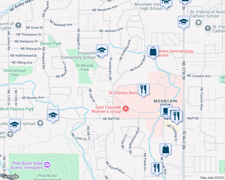 map of restaurants, bars, coffee shops, grocery stores, and more near 1801 Northeast Purcell Boulevard in Bend