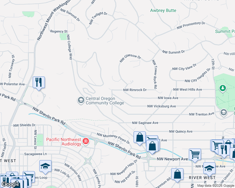 map of restaurants, bars, coffee shops, grocery stores, and more near 2132 Northwest Cascade View Drive in Bend