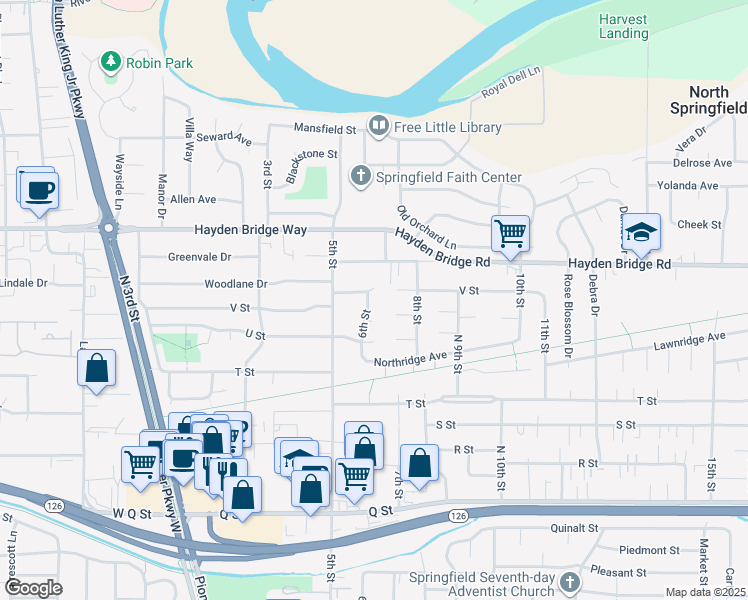 map of restaurants, bars, coffee shops, grocery stores, and more near 2310 6th Street in Springfield