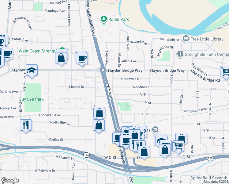 map of restaurants, bars, coffee shops, grocery stores, and more near 16 V Street in Springfield