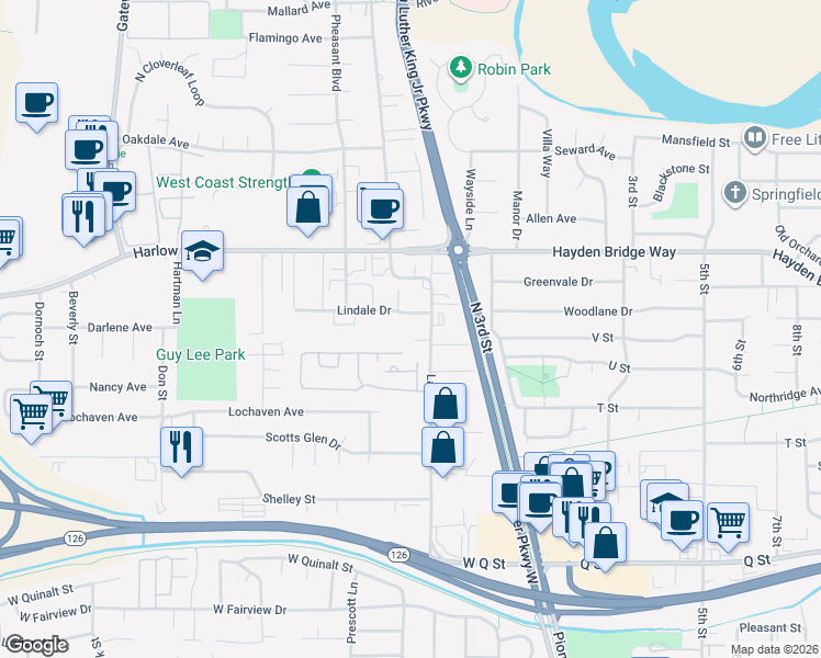 map of restaurants, bars, coffee shops, grocery stores, and more near 363 Lindale Drive in Springfield