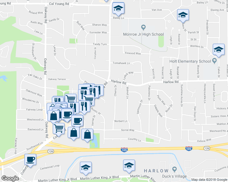 map of restaurants, bars, coffee shops, grocery stores, and more near 590 Cherry Drive in Eugene