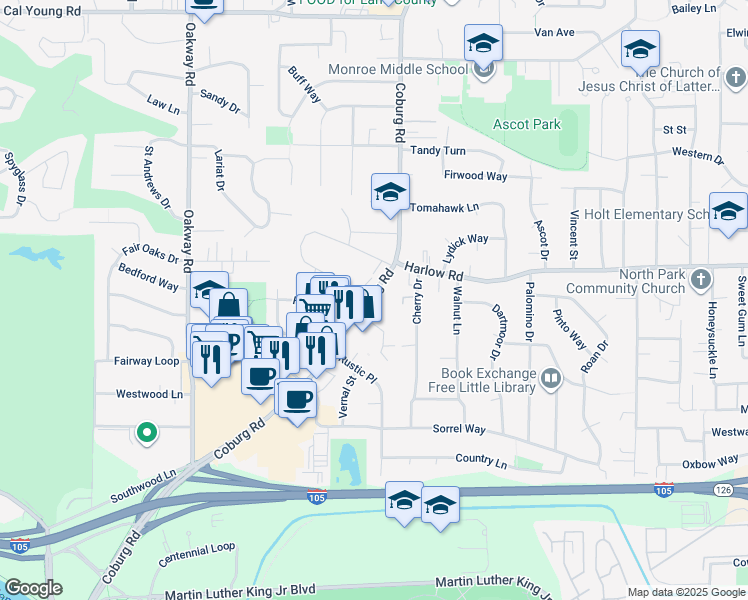 map of restaurants, bars, coffee shops, grocery stores, and more near 577 Coburg Road in Eugene